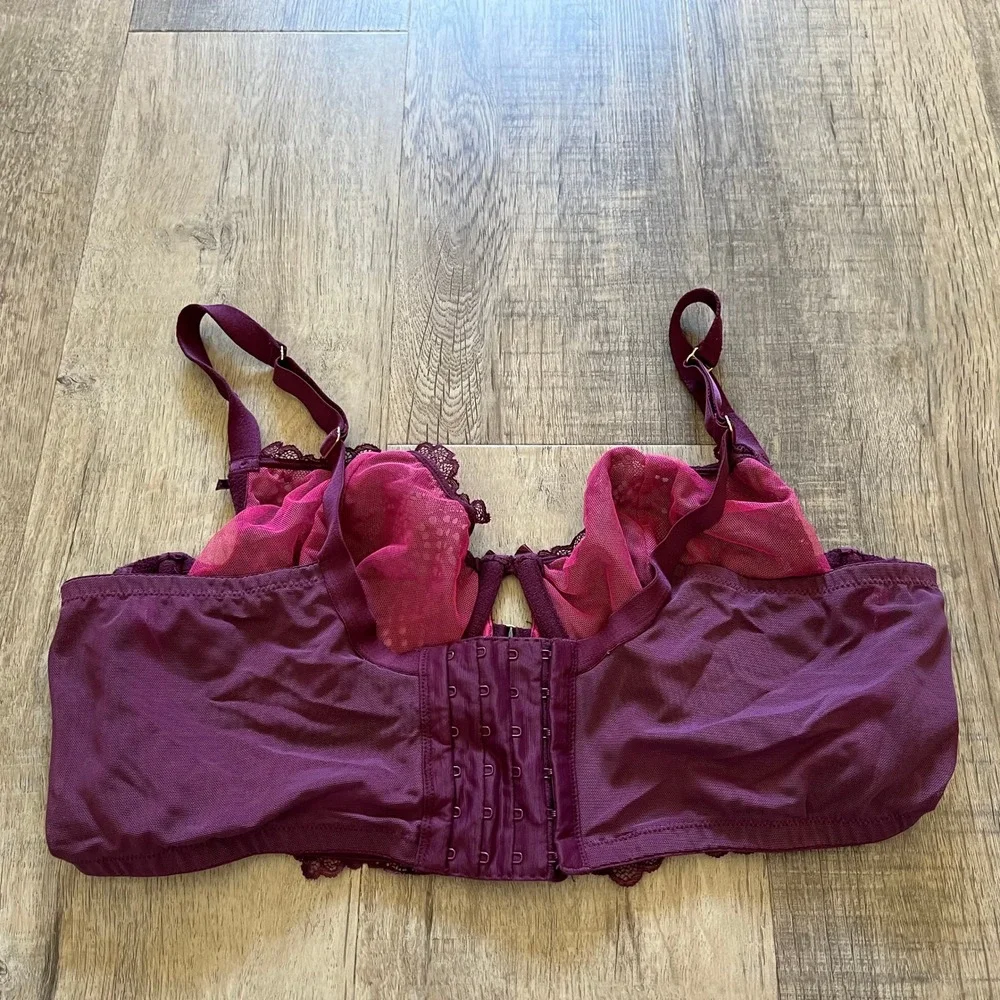 Cacique Burgundy Floral Lace Unlined Balconette Bra 42C Underwire Keyhole 5245